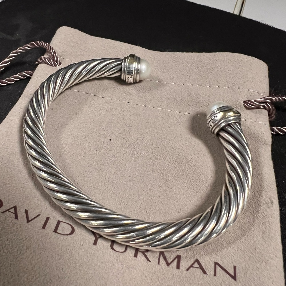 David Yurman Silver Cable Bracelet with Pearls